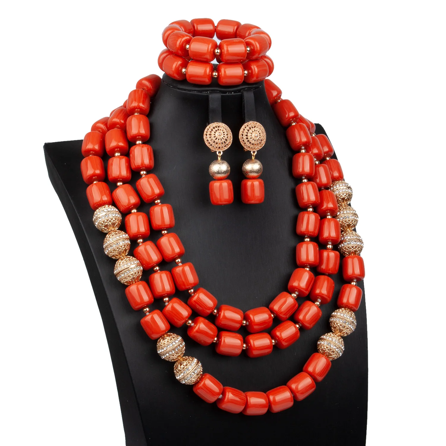 

New Fashion Artificial Coral Beads Jewelry Set Copper Alloy Gold Indian Bridal Statement Jewelry Set Women Gift ABS170