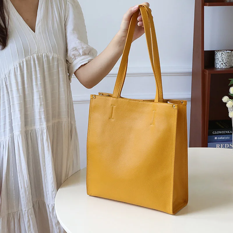 Female Luxury Genuine Leather Tote Bags Lady Simple Large Capacity Handbag Classic Solid Color Women Commute Shoulder Bag New