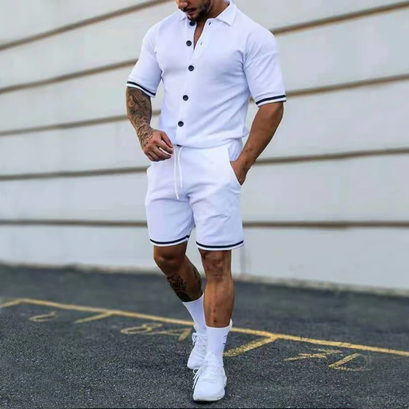 2023 Popular Men\'s Summer Polo Cardigan Solid Short Sleeve Shorts Two Piece Casual Set