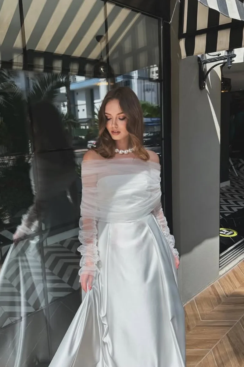 Annie Tulle Long Sleeves Prom Dresses White Satin Ladies Evening Dresses A-line Princess Formal Vestidos De Fiesta Customized