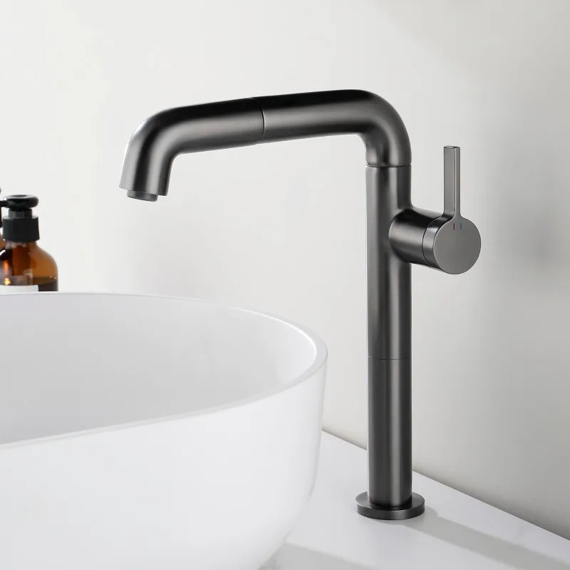 Height counter basin faucet hot and cold water pumping type rotatable bathroom washing table household retractable shampoo