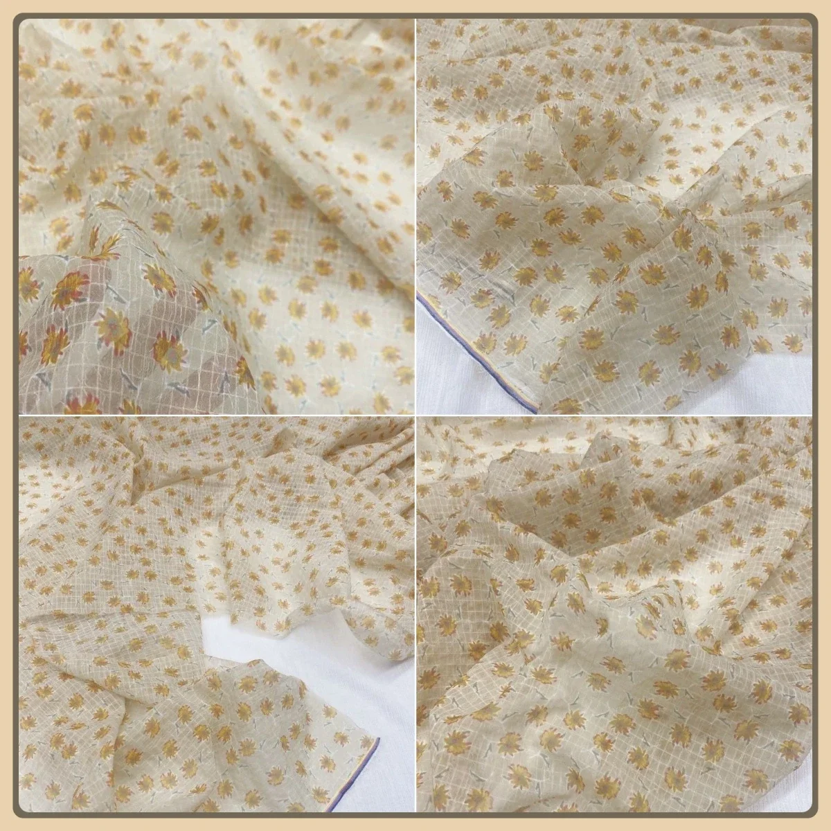 Tessuto chiffon a bolle di albicocca con margherita e motivo a quadri piccoli Materiale morbido semitrasparente per la camicetta del vestito Cucito fai da te