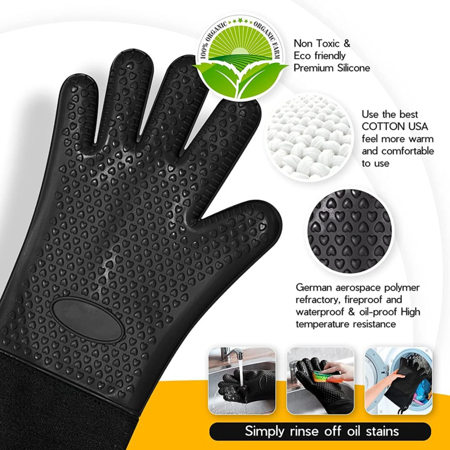 Professional Oven Mitts, Heat Resistant Silicone Oven Gloves , Long Sleeve Waterproof, Fireproof, Food Grade Kitchen Cooking Glo