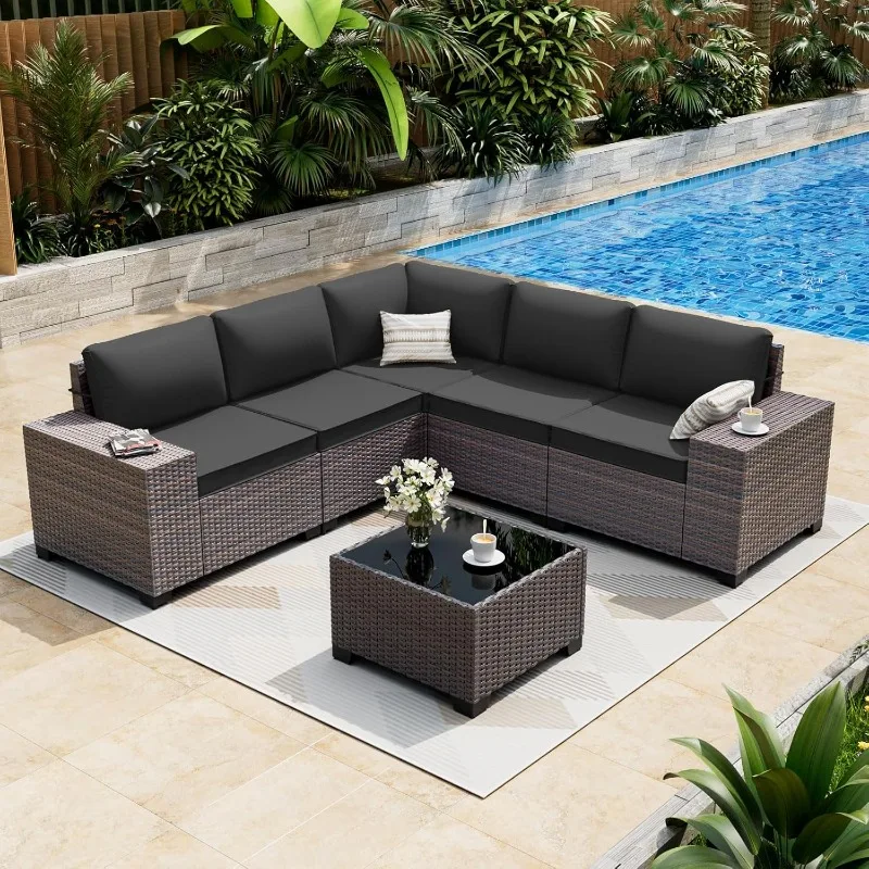 

ALAULM 6 Pieces Patio Furniture Set, Oversized Seat/Armrest and High Back Wicker Sectional Furniture Set with Thick Cushion