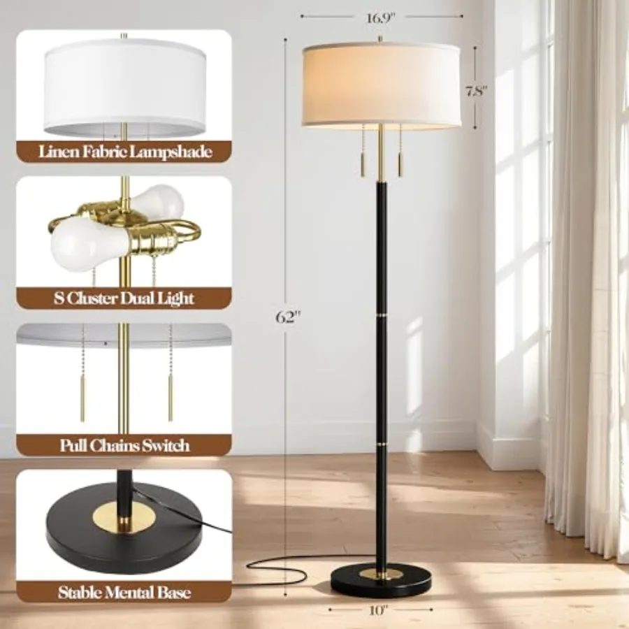 2-Light Mid Century Modern Floor Lamp, Standing Lamp with Fabric Shade and Pull Chain Switch, Tall Floor Lamp for Living Room,