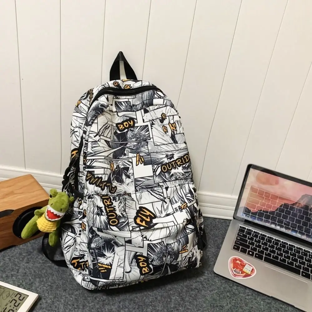 Nylon Graffiti School Bag Black Laptop Backpack Large Capacity Backpack Tyrannosaurus Pendant Lightweight Cartoon Print Bag