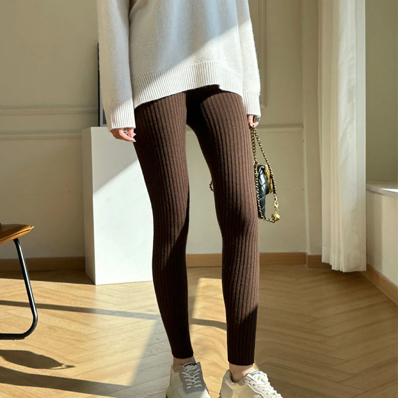 Pantalon droit moulant taille haute tricoté en laine 100% avec cordon de serrage pour garder au chaud des Leggings féminins, automne et hiver