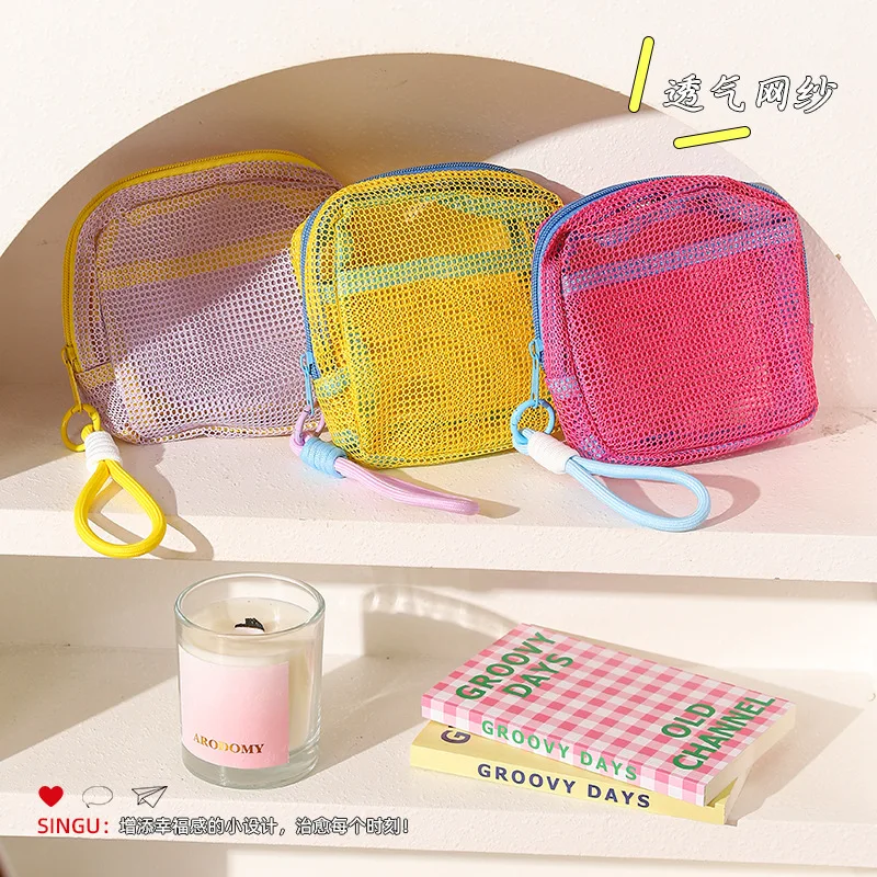 Mini Cute See Through Mesh Makeup Bag Zipper Pouch with Carabiner Lanyard Travel Toiletry Organizer for Cosmetic Accessories view 5