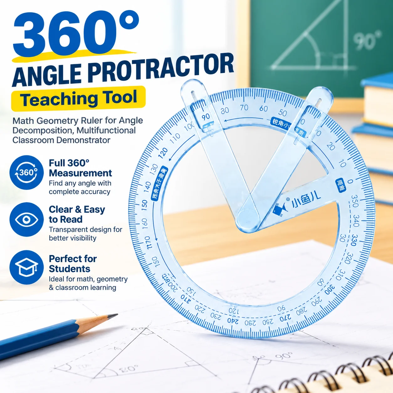 360 Degree Angle Protractor Teaching Tool, Math Geometry Ruler for Angle Decomposition, Multifunctional Classroom Demonstrator