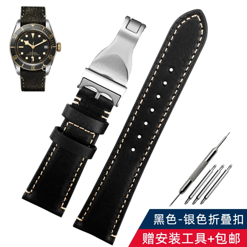 Tali Kulit Sapi Italia Premium untuk Jam Tangan Kulit Antik Bunga Merah Kecil Teluk Hitam Perunggu Tudor Tali Jam Tangan 22Mm Gaya Gesper Lipat