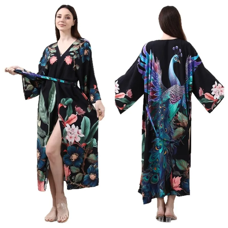 New Arrival Women's Beach Cover Up Dress Printed Rayon Long Sleeve Open Front Cardigan For Vacation Summer Beachwear Bikini Oute
