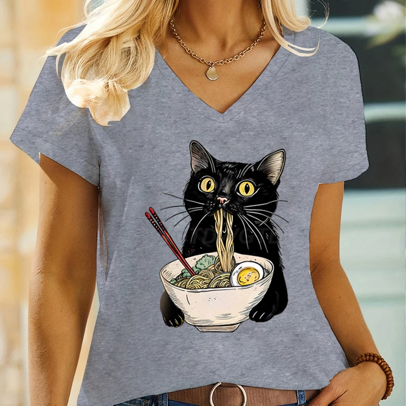 Kawaii Cat Eating Noodle Printed T-shirt Women Ramen Lovers V-neck Casual Tops Japanese Food Cute Cat Lovers Women's Clothing