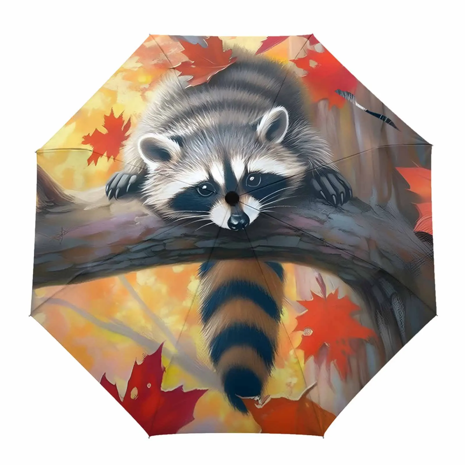 Autumn Maple Tree Maple Leaf Raccoon Outdoor Fully-automatic Folding Eight Strands Umbrellas for Kids Printed Umbrella