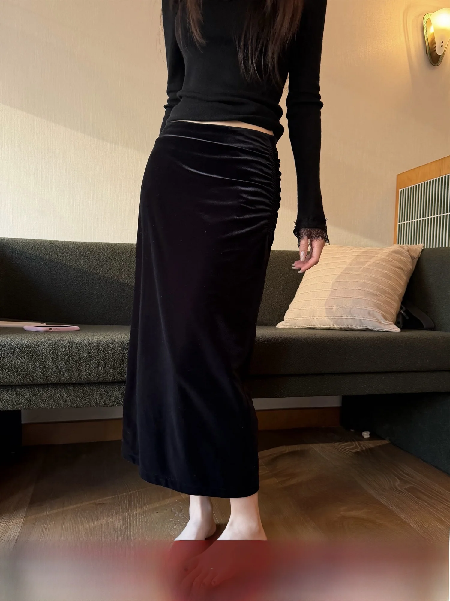 

Superniniyy Velvet Latte Side Fold A-Line Skirt High Waist Slimming Long Skirt Korean Sle Polyester Spandex Blend