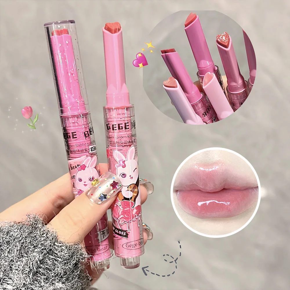 Brillo de labios sólido Gege Bear Garden, juego de pintalabios suave, conejo rosa, bálsamo labial de color acuoso hidratante