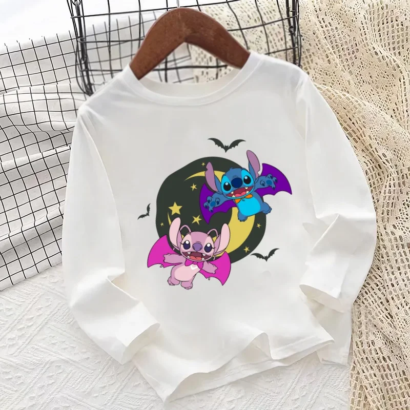 Feliz Halloween Stitch Ángel estampado de calabaza dibujos animados niños camiseta de manga larga otoño bebés niñas ropa niños camiseta