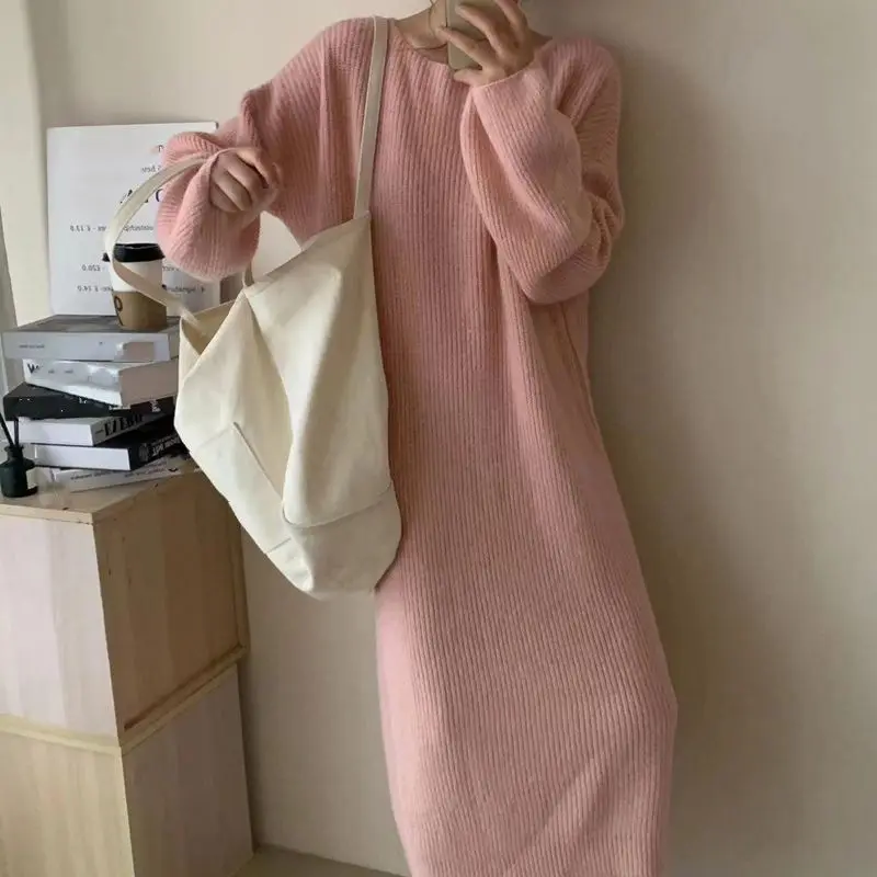 Vestidos de punto con cuello redondo para mujer, vestido largo informal liso holgado, manga larga, empalmado, recto, cálido, para oficina, invierno 2025