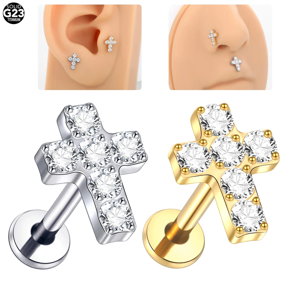 

1PCS Titanium CZ Cross 16G Tragus Helix Labret Lip Bar Rings Zircon Stud Cartilage Earring Lobe Piercing Jewelry For Women Men