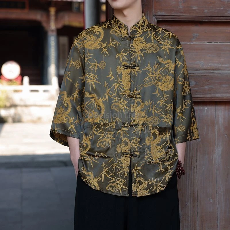 2025 النمط الصيني رقيقة الحرير الجليد قميص رجالي الرجعية الراقية المألوف الجاكار تانغ دعوى قميص صيفي أنيق متعدد الاستخدامات