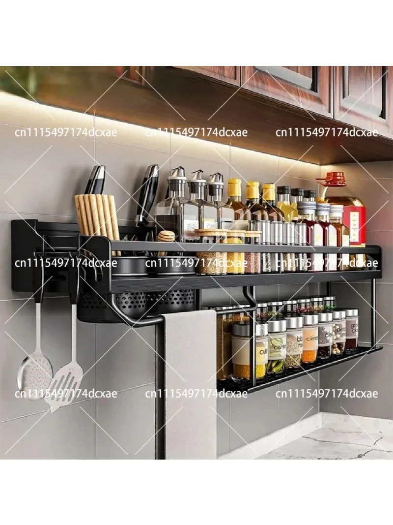 Wall Mount Kitchen Spice Rack 60/70/80cm Seasoning Storage Shelf with Knife Holder Chopstick Organizer Kitchen Accessory