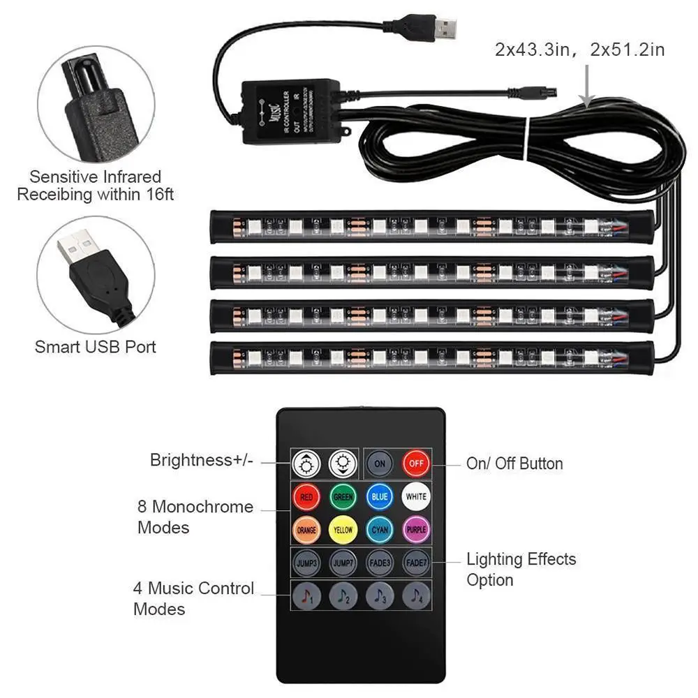 Imagem -06 - Rgb Car Interior Atmosfera Footwell Strip Light Carregador Usb 4x dc 12v Led