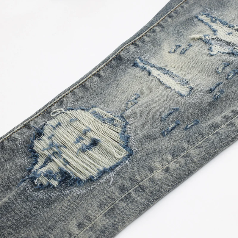 Y2K street fashion new men's jeans Y2k snake embroidery nostalgic washed elastic slim fit perforated red skin patch light blue