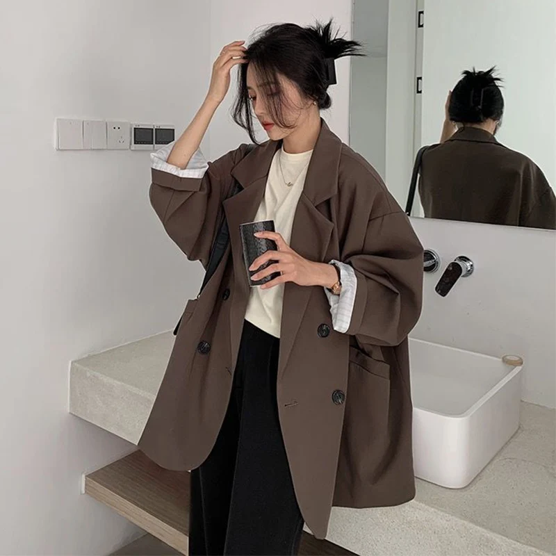 特大カジュアルブレザー女性のための春秋ルーズ多用途シングルブレストスーツジャケット気質ヴィンテージオフィスコート