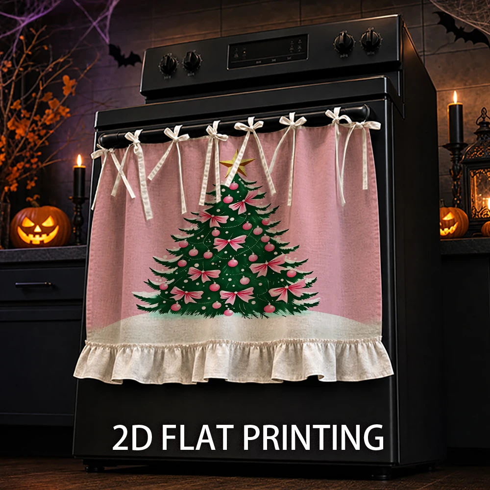 1PC Christmas Kitchen Curtain-Cabinet Curtain-Apron. Decorated Christmas tree with pink bows and gold stars. Can be used as a st