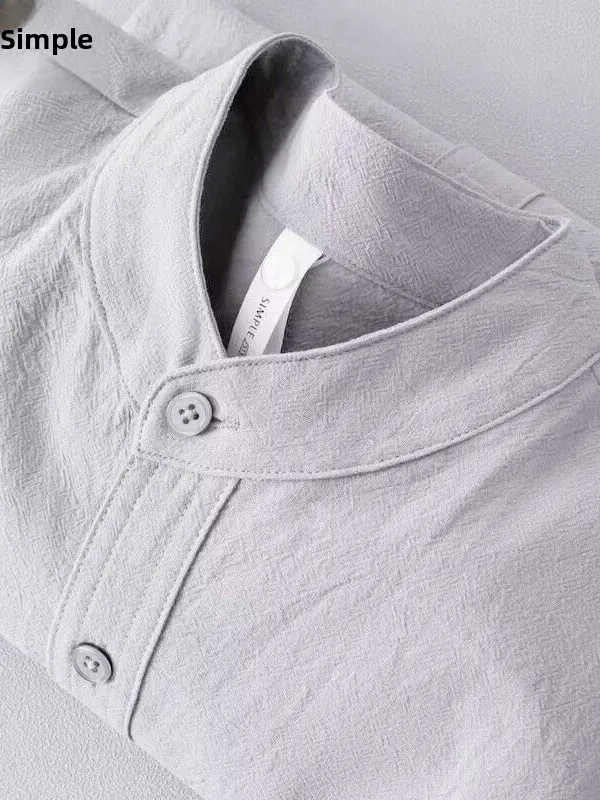 

Grey Comfortable Men's Shirt Long Sleeve Short Sleeve Henry Collar Top Breathable Pure Color Versatile Spring Summer