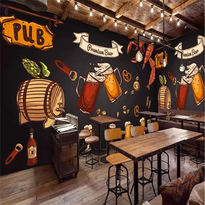 European and American Style Retro Wood or Brick Wall Cowboy Beer Mural Wallpaper 3D Restaurant Bar KTV Winery Walls Decor Murals