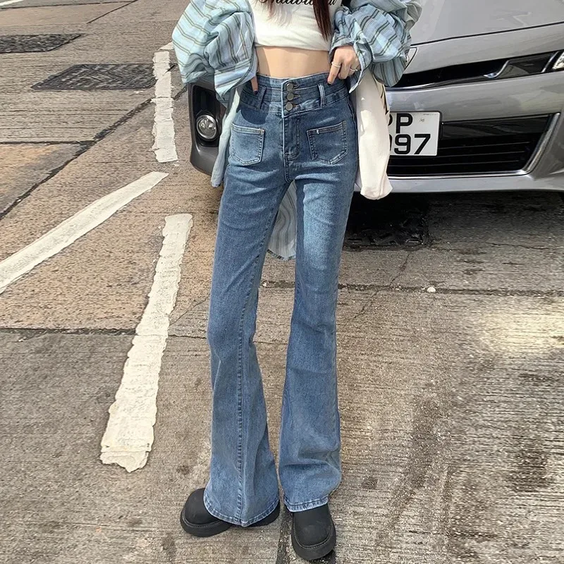 

New Vintage Women High Waist Skinny Blue Flare Pants Spring Autumn Aesthetic Lady Streetwear Slim Full Length Jeans Sise XL-2XL