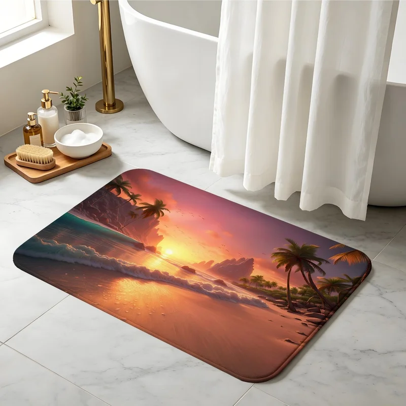 Door Mat Flannel Sponge Dotted Backing Volcano Sea Wave Landscape Pattern For Entryway Floor