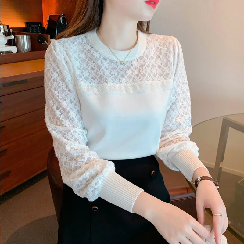 Fashion Patchwork Lace T-shirt Women New High-quality Long Sleeve Slim O-collar All-match Pullover Lady Comfortable Top 2023