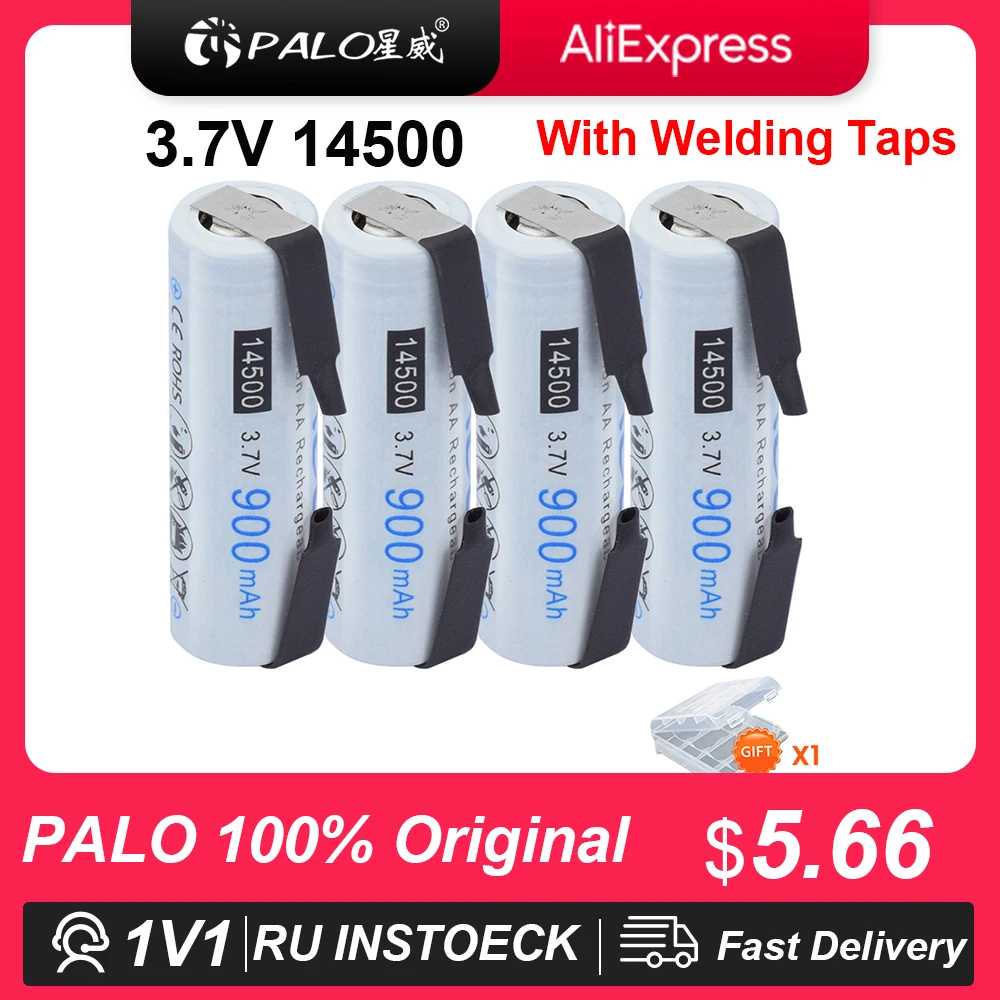 PALO 900mAh 3.7V 14500 Li-ion Rechargeable Batteries With Welding Sheets AA Battery Lithium Cell for Led Flashlight Headlamps