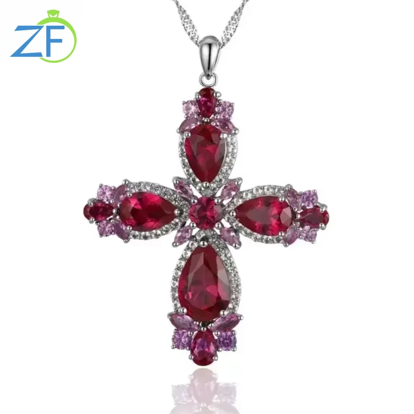 GZ ZONGFA 925 Sterling Silver Cross Pendant Necklace for Women 5.5 Carats Red Gemstone Sweater Chains Fine Jewelry Gifts