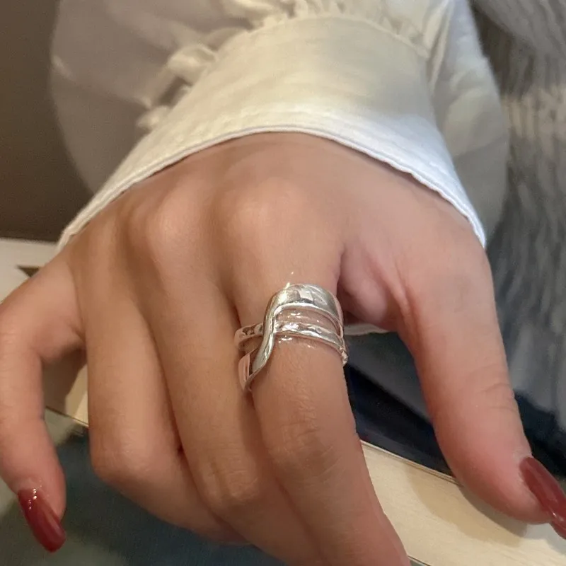 S925 Sterling Silver Korean Version Niche Design Sense Simple Basic Double-layer Ring Korean Style Retro Fashionable