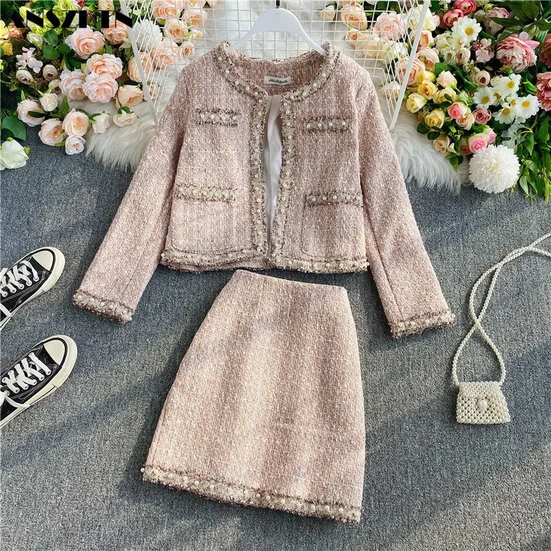 

ANSZKTN Women's Autumn Winter Elegant Outfits Long Sleeve Woolen Coat Short Skirt Two-piece Skirt Set ANSZKTN Top And Skirt Set