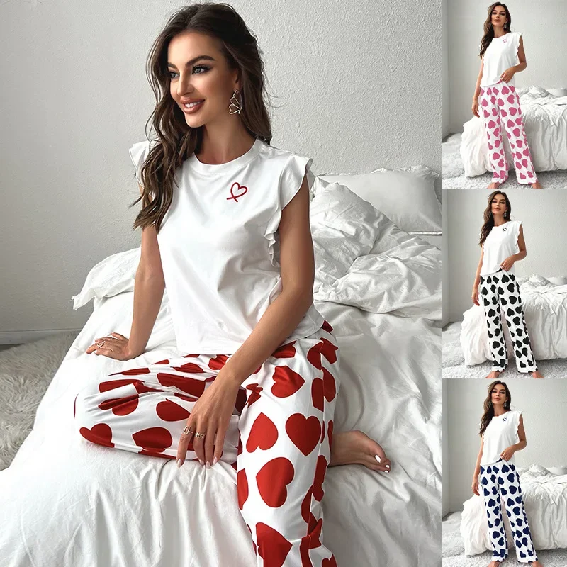 New Women's Love Printed Pajamas T-shirt Trousers Casual Comfortable Women's Pajamas Loungewear Set Can Be Worn Outside Pajamas