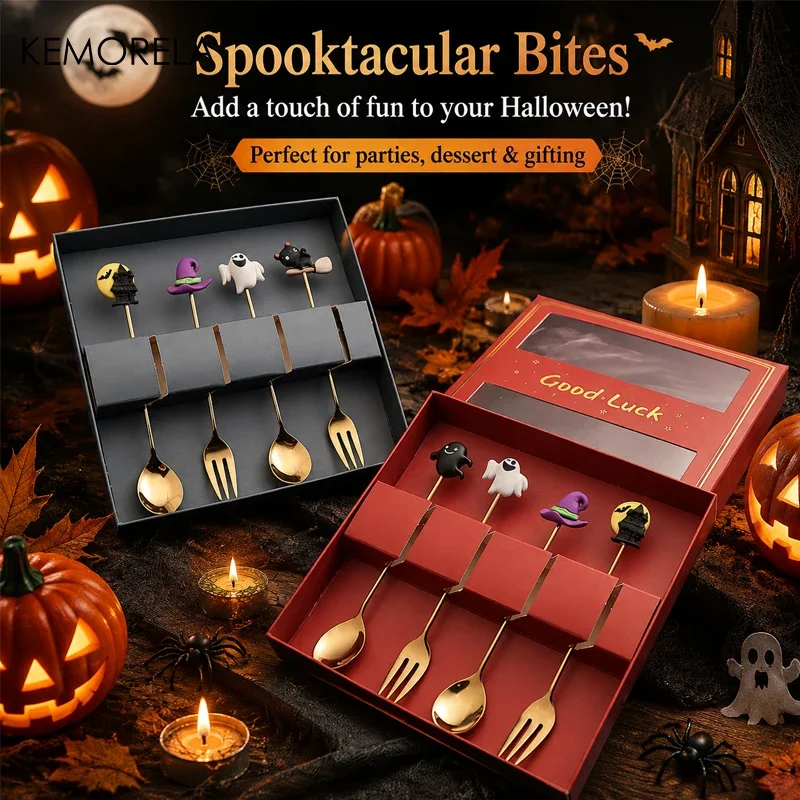 4-Piece Stainless Steel Fork & Spoon Set – Creative Halloween Coffee Spoons, Fruit Forks, and Dessert Spoons/Forks in a Gift Box