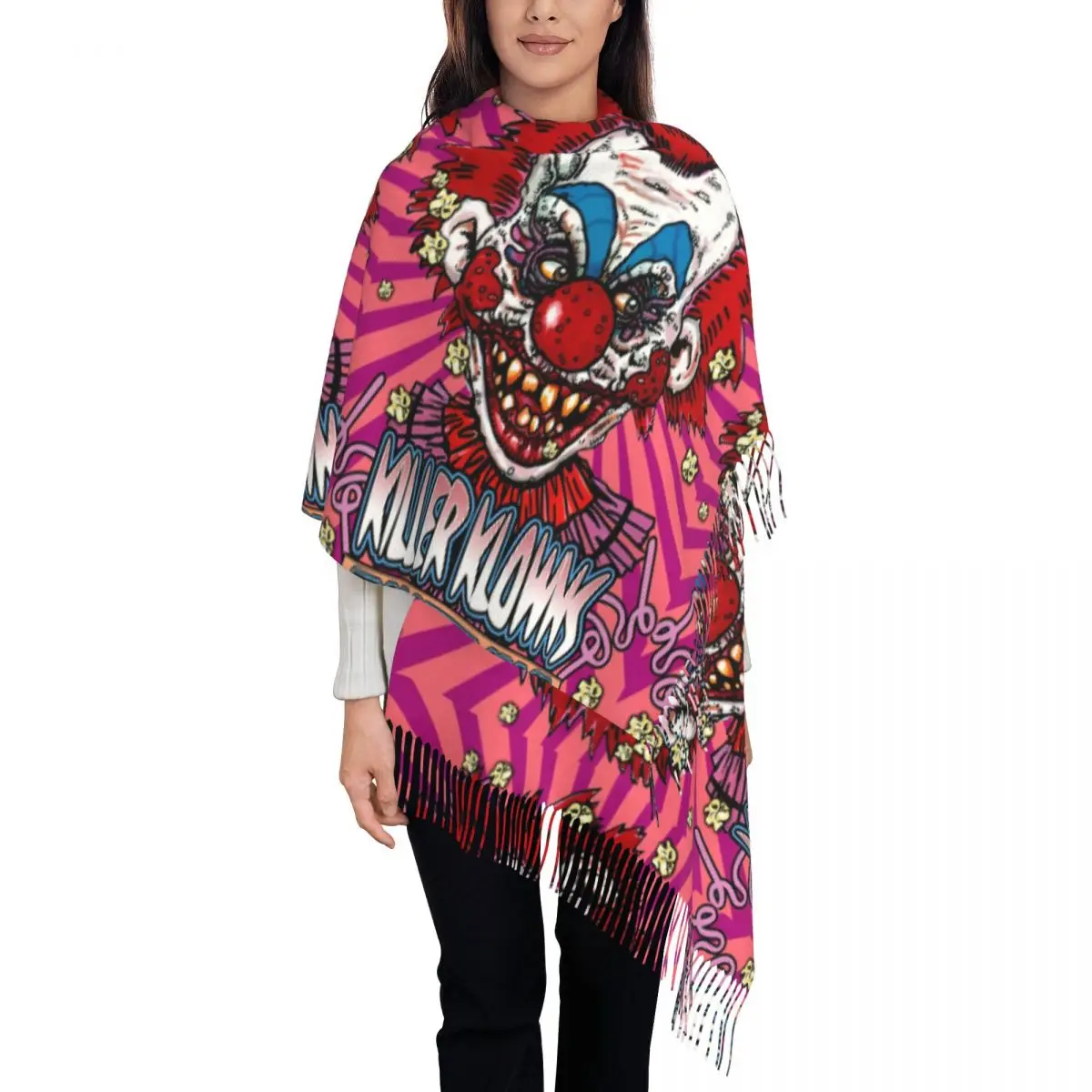 

Killer Klowns From Outer Space Wax Scarf with Long Tassel Horror Movie Outdoor Shawls Wraps Women Head Scarves Winter Foulard