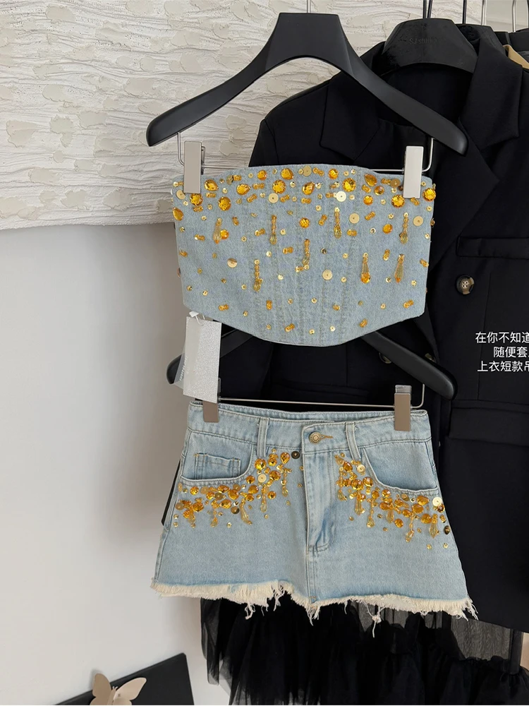 Summer Women Birthday Rave Idols Korean Fashion Gyaru Y2k Coquette Denim Outfits 2-częściowy zestaw Cekinowy top + Damage Mini spódniczka