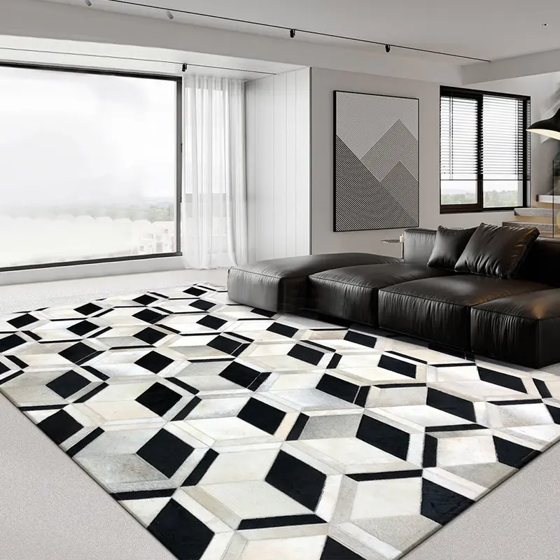Handmade 3D Geometric Large Carpet Area Rug Living Room Handmade Real Cow Hide Carpet Bedroom Decoration Customize Mats Non-slip