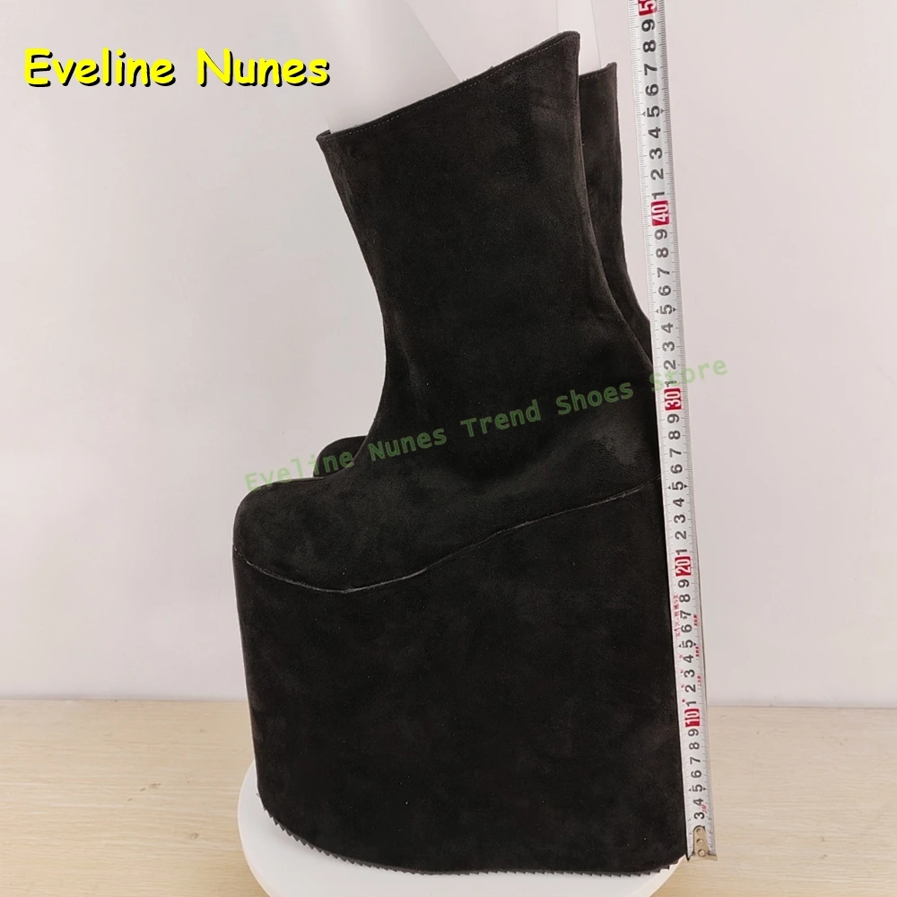 Black Faux Suede Mid-Calf Boots Round Toe Height Increase Solid Pull On Punk Cosplay Y2K Cool Dark Style Knee High Boots Summer view 6