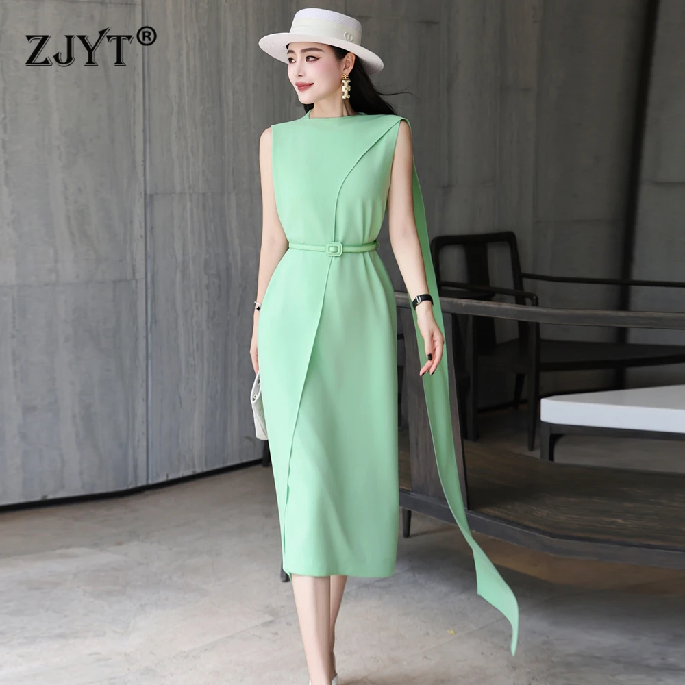 

ZJYT Elegant Simple Summer Dresses Sleeveless for Women 2025 Designer Solid Pink Green Midi Prom Party Dress Office Lady Wear