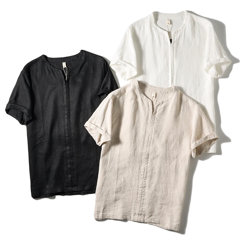 

Loose Men's Linen Shirt Short Sleeve Cotton Linen Casual Summer Outerwear Stand Collar Top Fashion Urban Style Pure Color