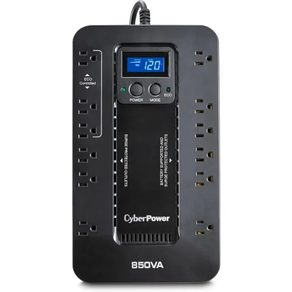 EC850LCD Ecologic Battery Backup & Surge Protector UPS System, 850VA/510W, 12 Outlets, ECO Mode