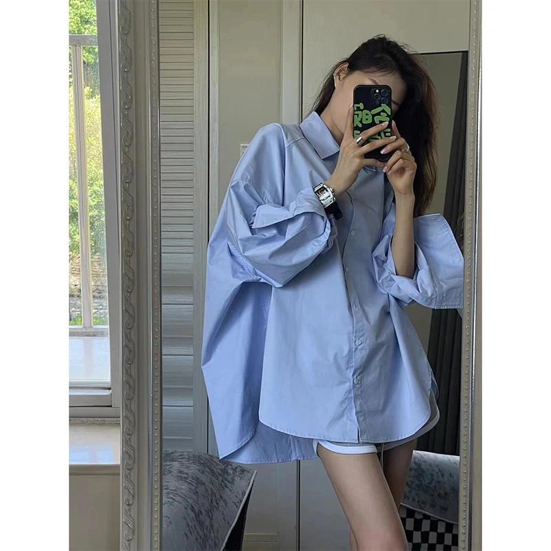 Women Summer Simplicity Casual Loose Solid Color Polo-Neck Long Sleeve Sunscreen Shirts Women Clothes Fashion All-match Tops