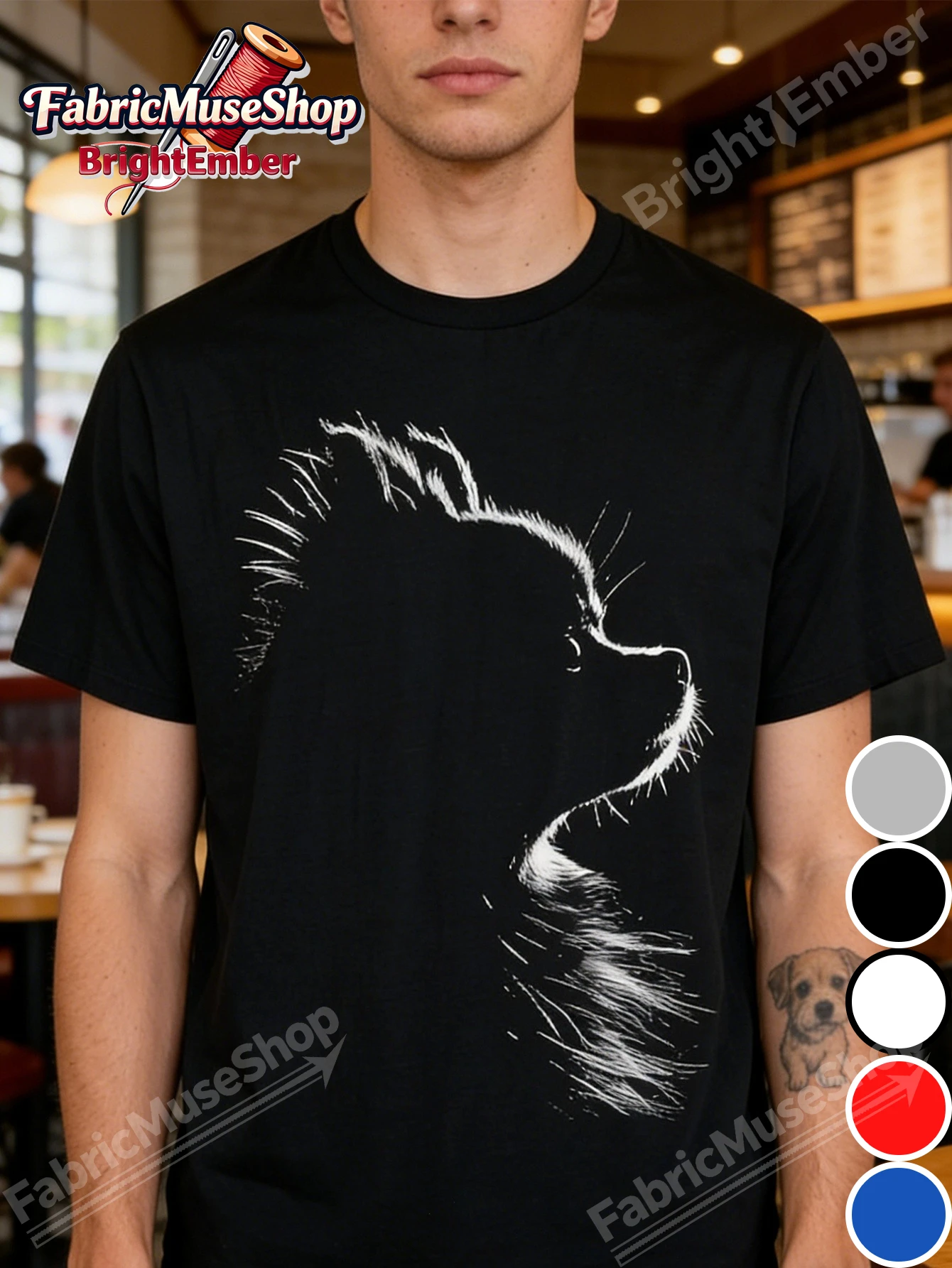 Retro Pomeranian Silhouette T-Shirt, Pomeranian Silhouette Mom Dad Tees, Men's 100% Cotton Crew Neck T-Shirts, Classic Fit Casua