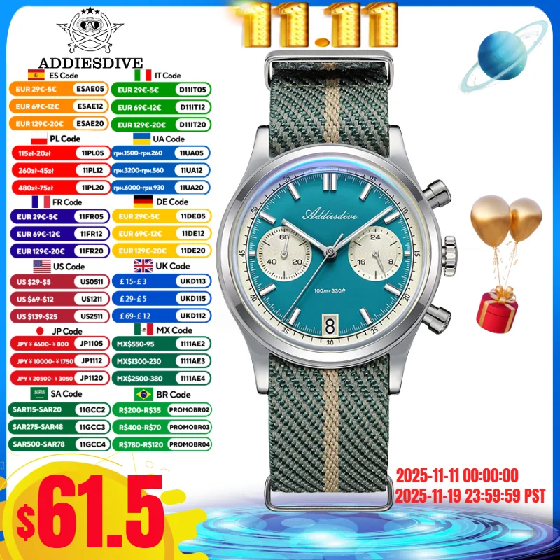 ADDIESDIVE Luxusuhr für Herren, 316L-Stahl, Blasenspiegelglas, BGW9, superleuchtend, 100 m, Tauchen, VK64, Quarz-Chronographenuhren