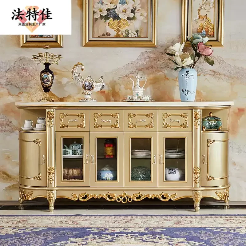 Marble Side Cabinet Solid Wood Wine Storage Champagne Gold Carved Locker Entryway Console Table Restaurant Furniture